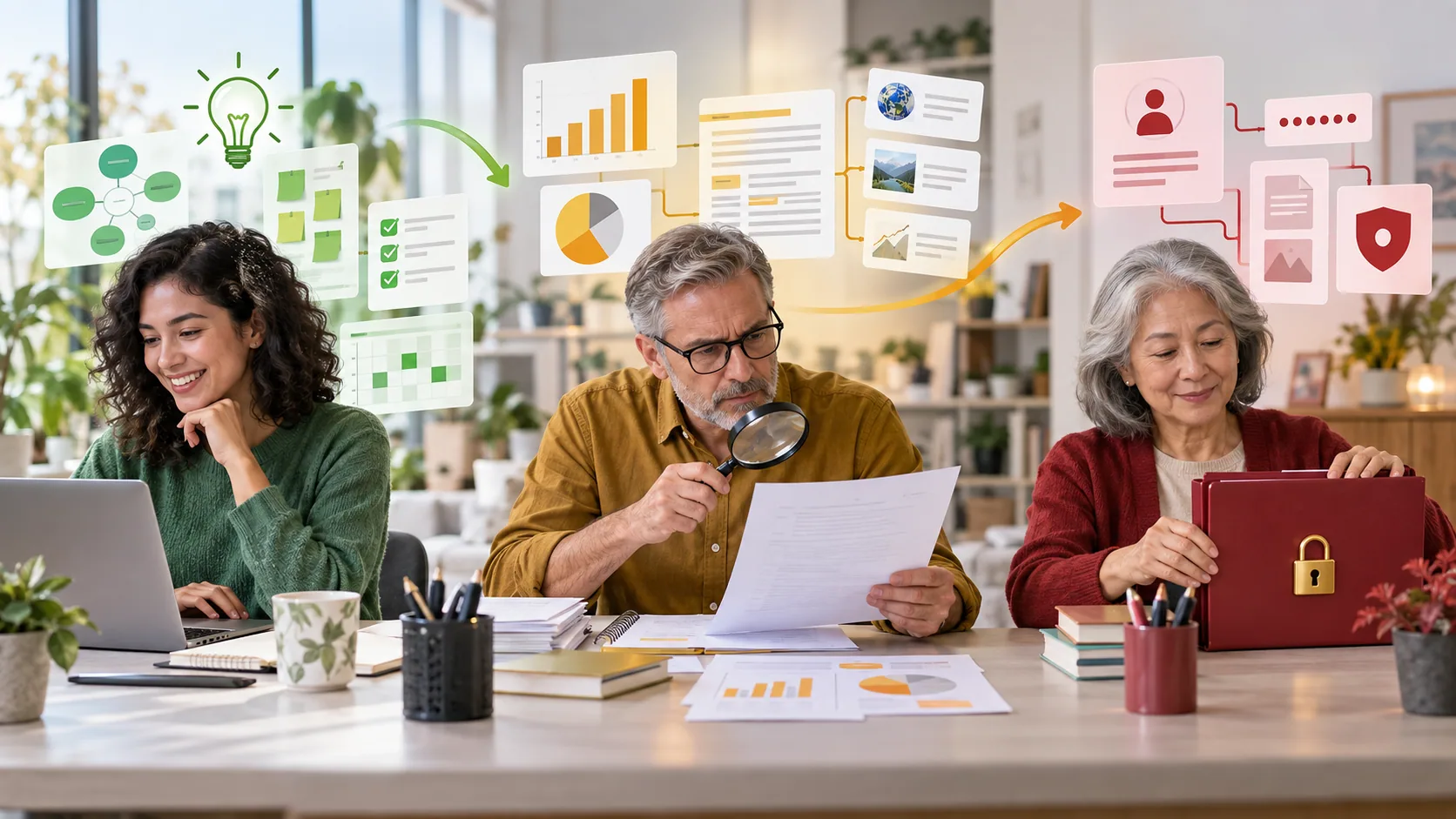 Tres personas representan la exploración de ideas, la revisión de información y la protección de datos privados