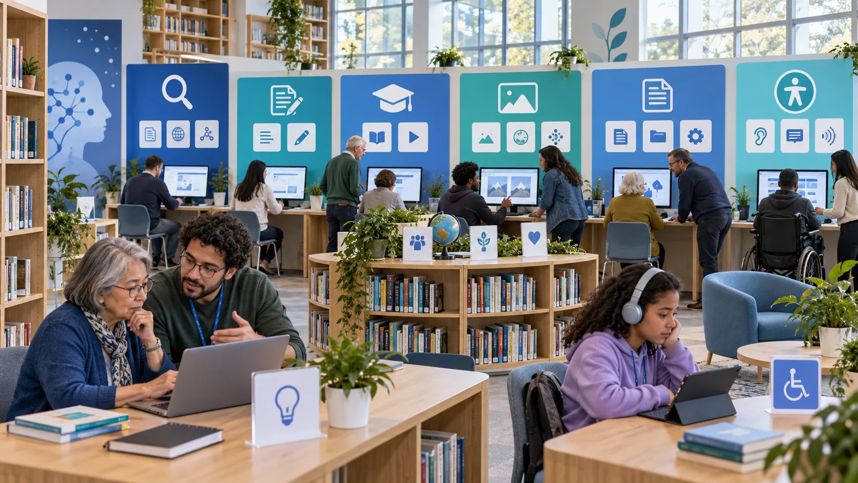Personas exploran estaciones de búsqueda, escritura, aprendizaje, creación y accesibilidad